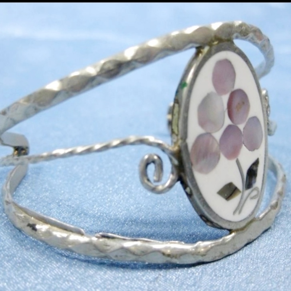 Silver Tone Shell Inlay Cuff Bracelet - Picture 2 of 5